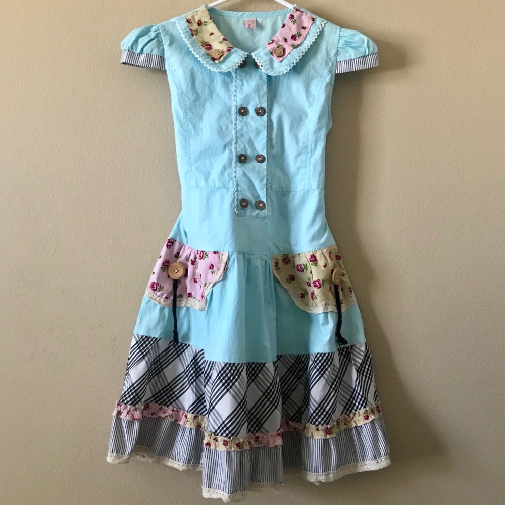 SUNBOREE Patchwork Blue Dress with Wooden Buttons
